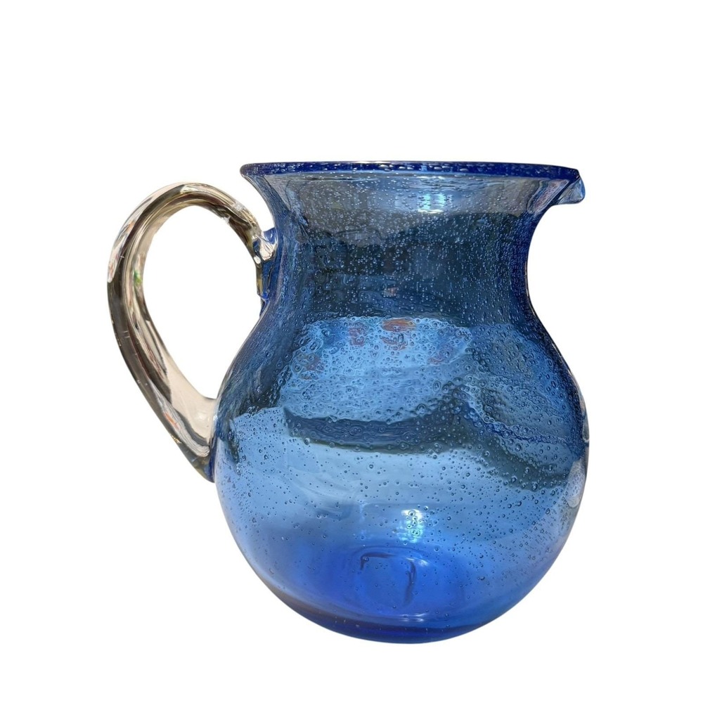 Vintage Hand Blown Blue Bubble Glass Pitcher Clear Applied Handle 7.5" Art Glass